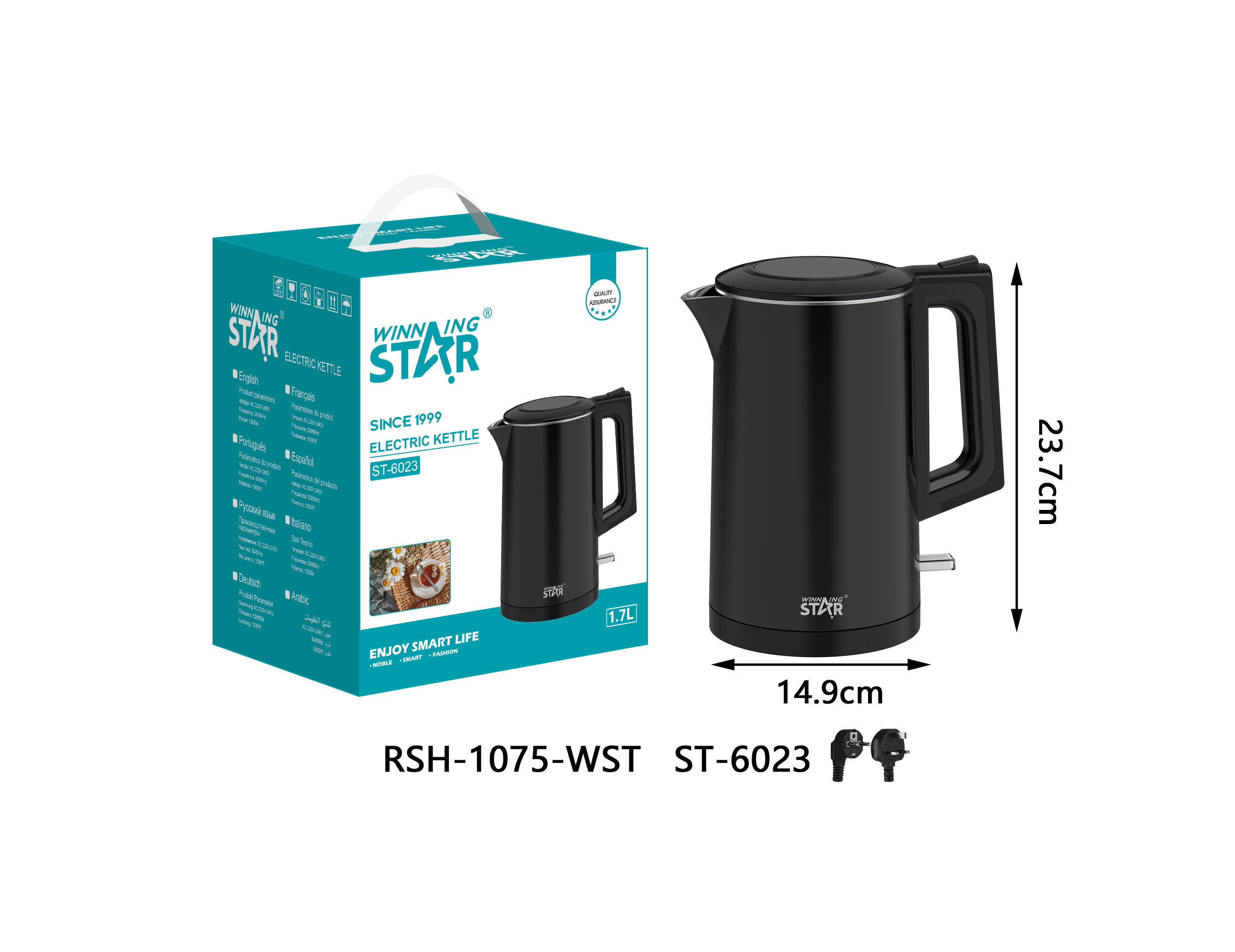 Bouilloire électrique ST-6023 WINNINGSTAR 1,7 L, 1500 W - Noir