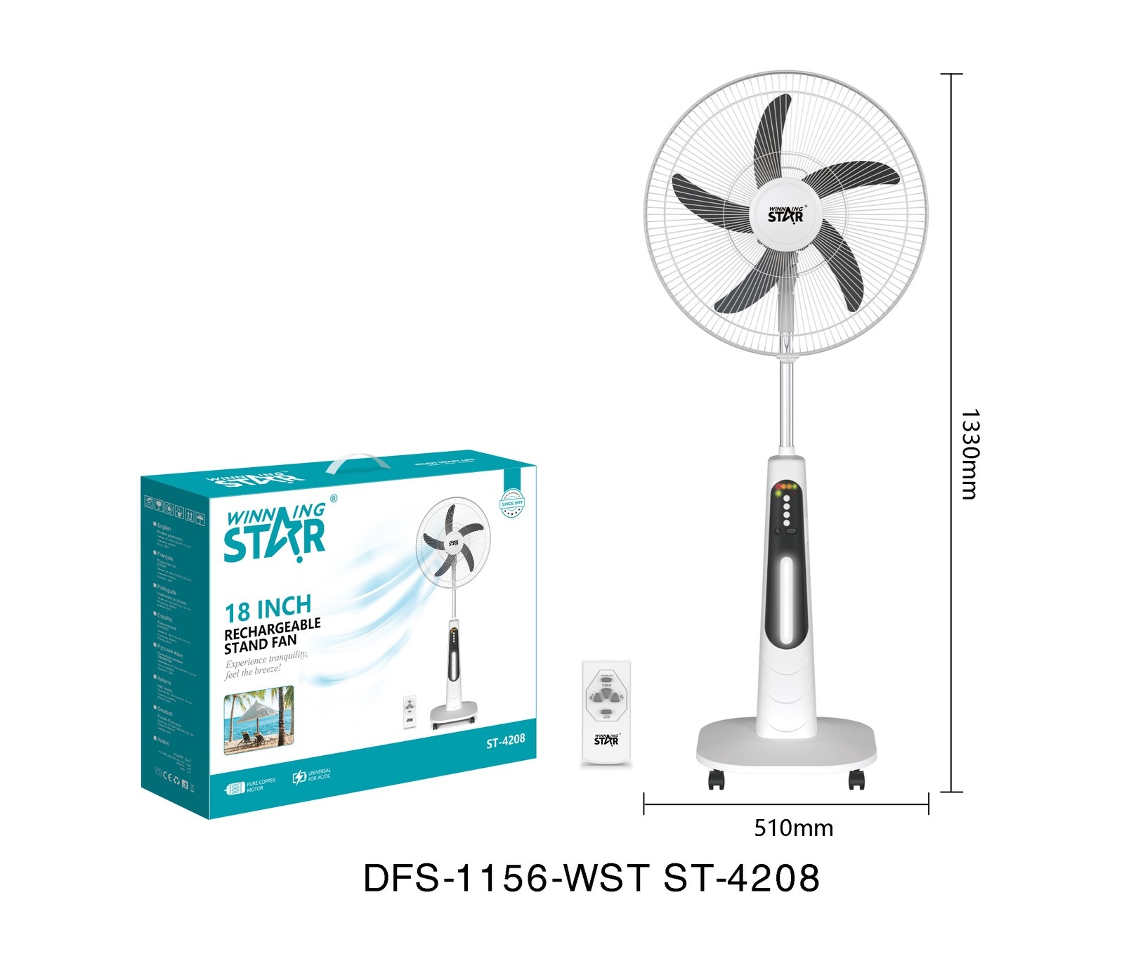 Ventilateur électrique ST-4208 WINNINGSTAR rechargeable, 18 pouces - blanc / bleu