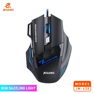 Souris Gaming Pro JM-620 – Base Acier Inoxydable – Design 7D/8D – Éclairage RGB Triple Zone – Câble Tressé – Finition UV (Noir / Gris / Rose)