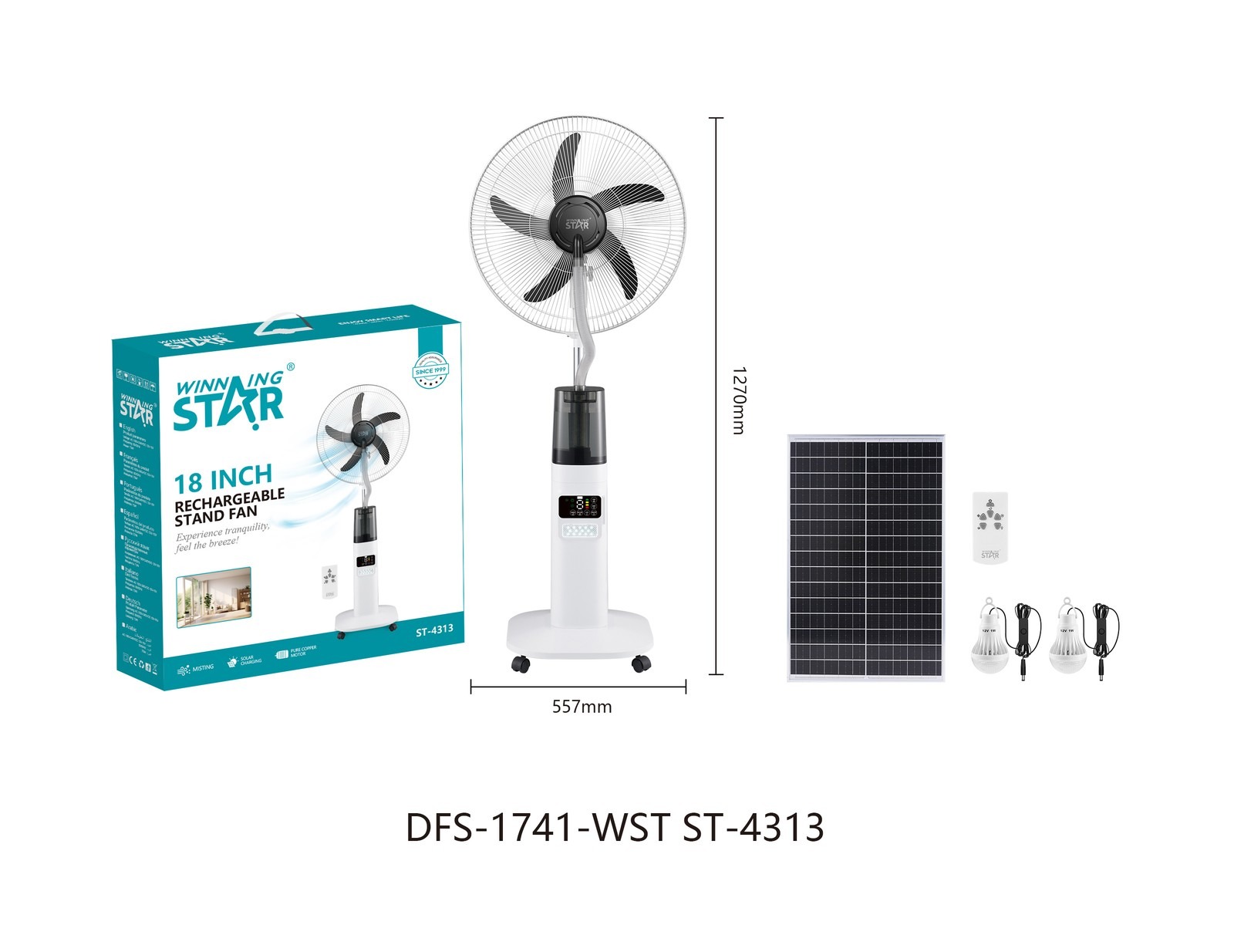 Ventilateur sur pied ST-4313 WINNINGSTAR solaire, rechargeable, 18 pouces
