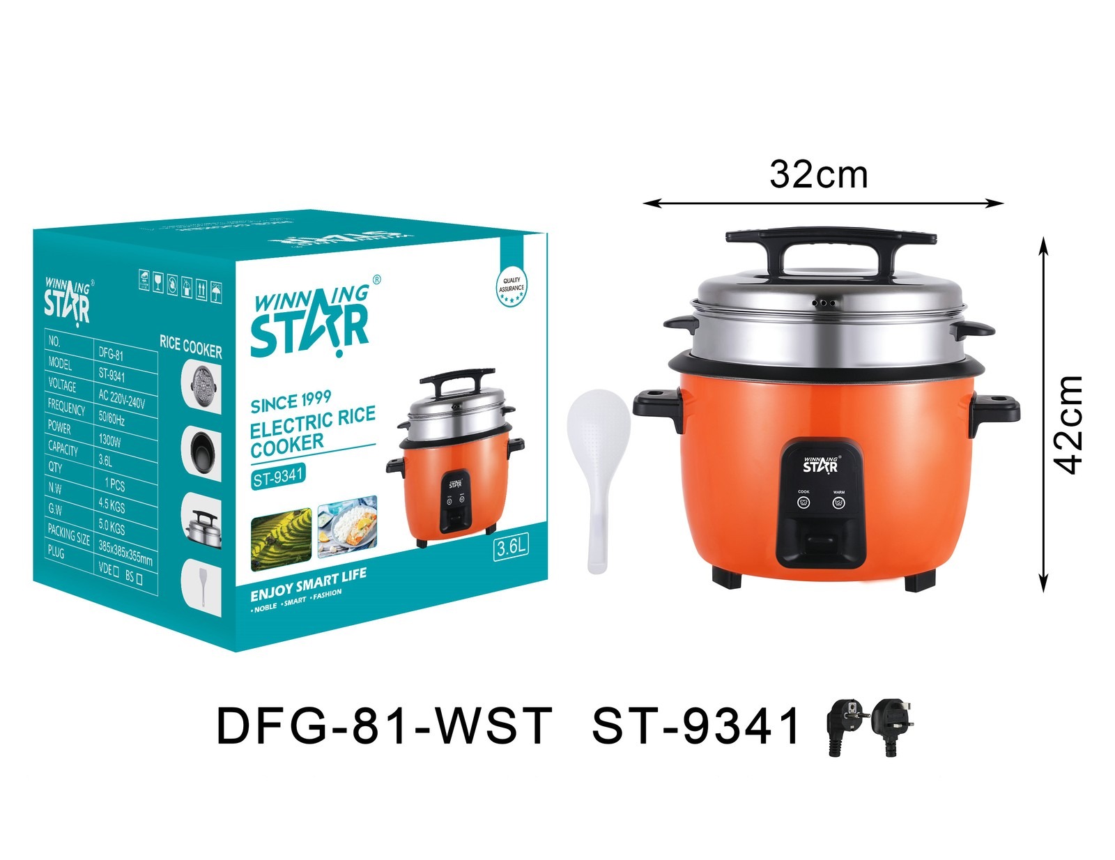 Cuiseur à riz ST-9341 WINNINGSTAR à vapeur, 8 L, 1300 W - Orange