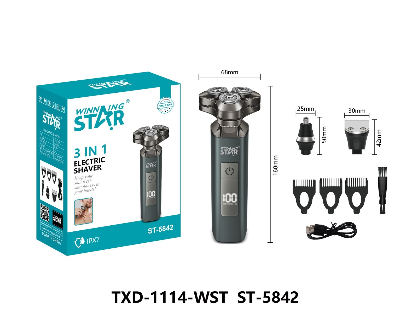 Rasoirs électriques ST-5842 WINNINGSTAR avec affichage numérique, 3 en 1, pour voyage