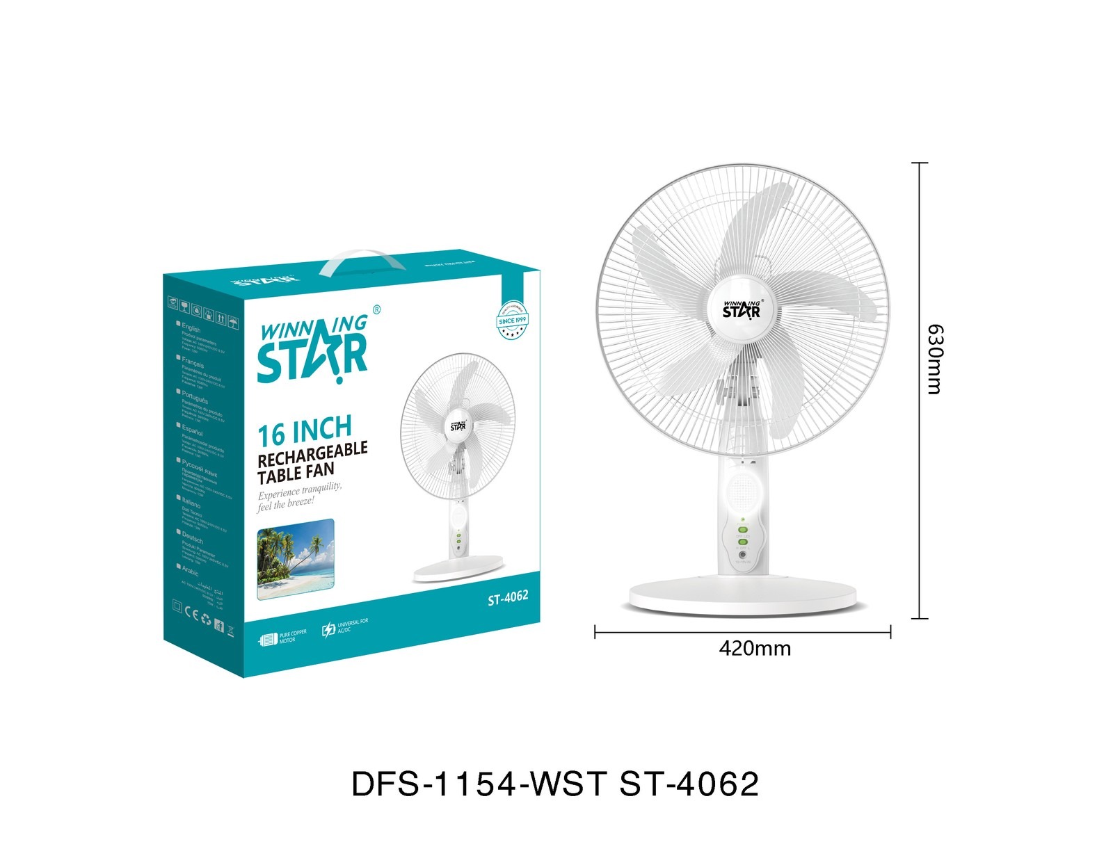 Ventilateur électrique ST-4062 WINNINGSTAR rechargeable, 16 pouces