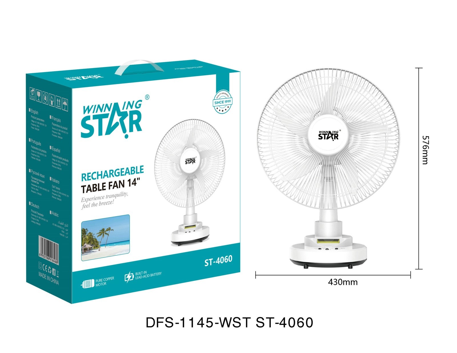 ventilateur de bureau ST-4060 WINNINGSTAR rechargeable, 14 pouces