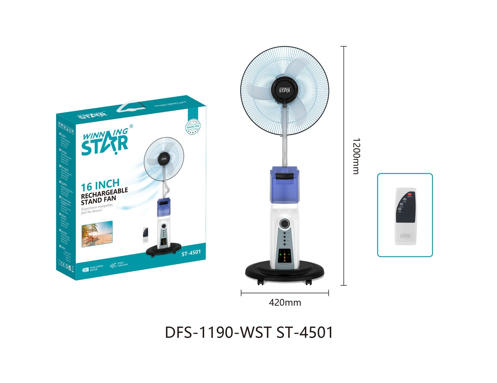 Ventilateur pulvérisateur ST-4501 WINNINGSTAR avec affichage numérique, rechargeable, 16 pouces
