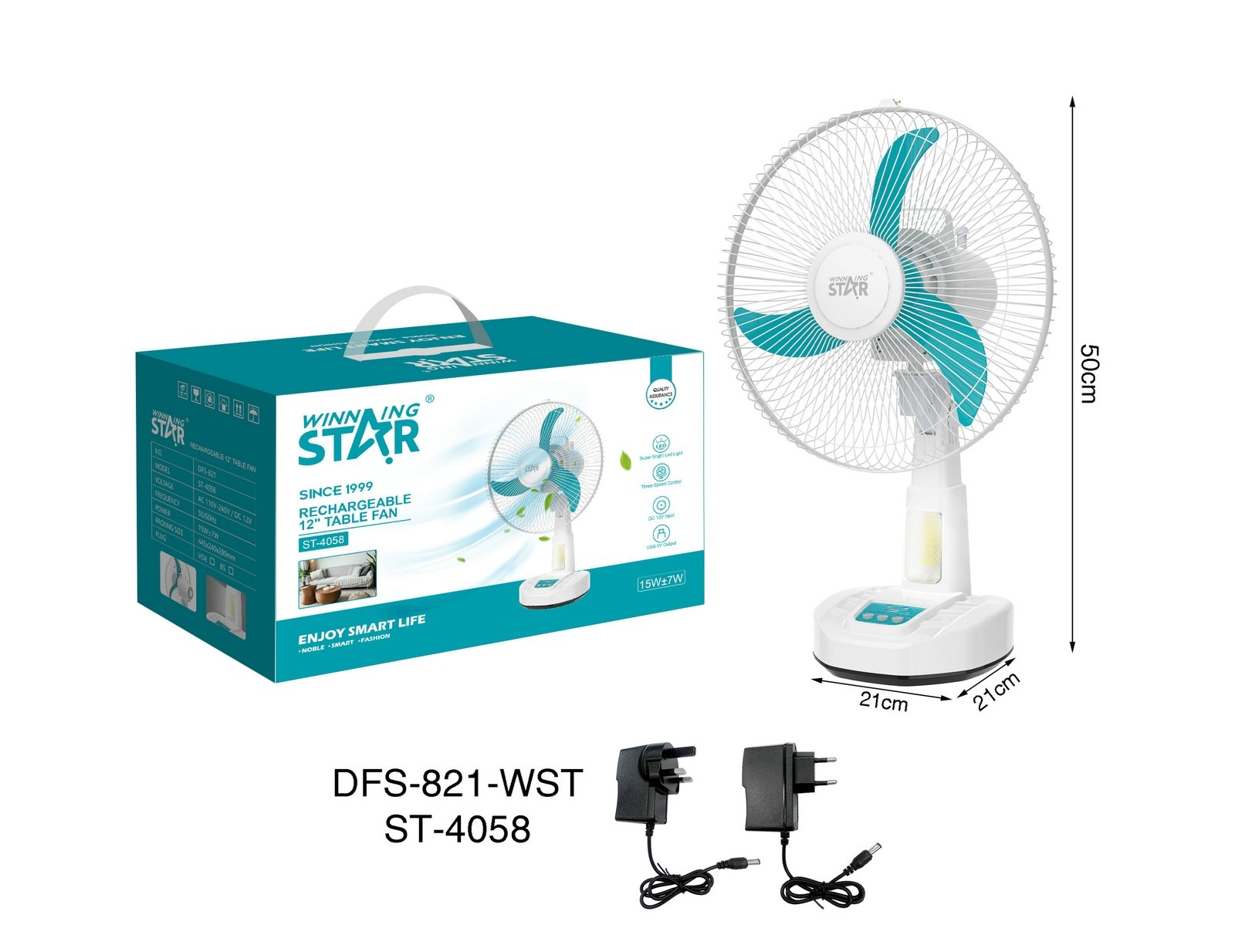 Ventilateur de bureau ST-4058 WINNINGSTAR rechargeable, 12 pouces