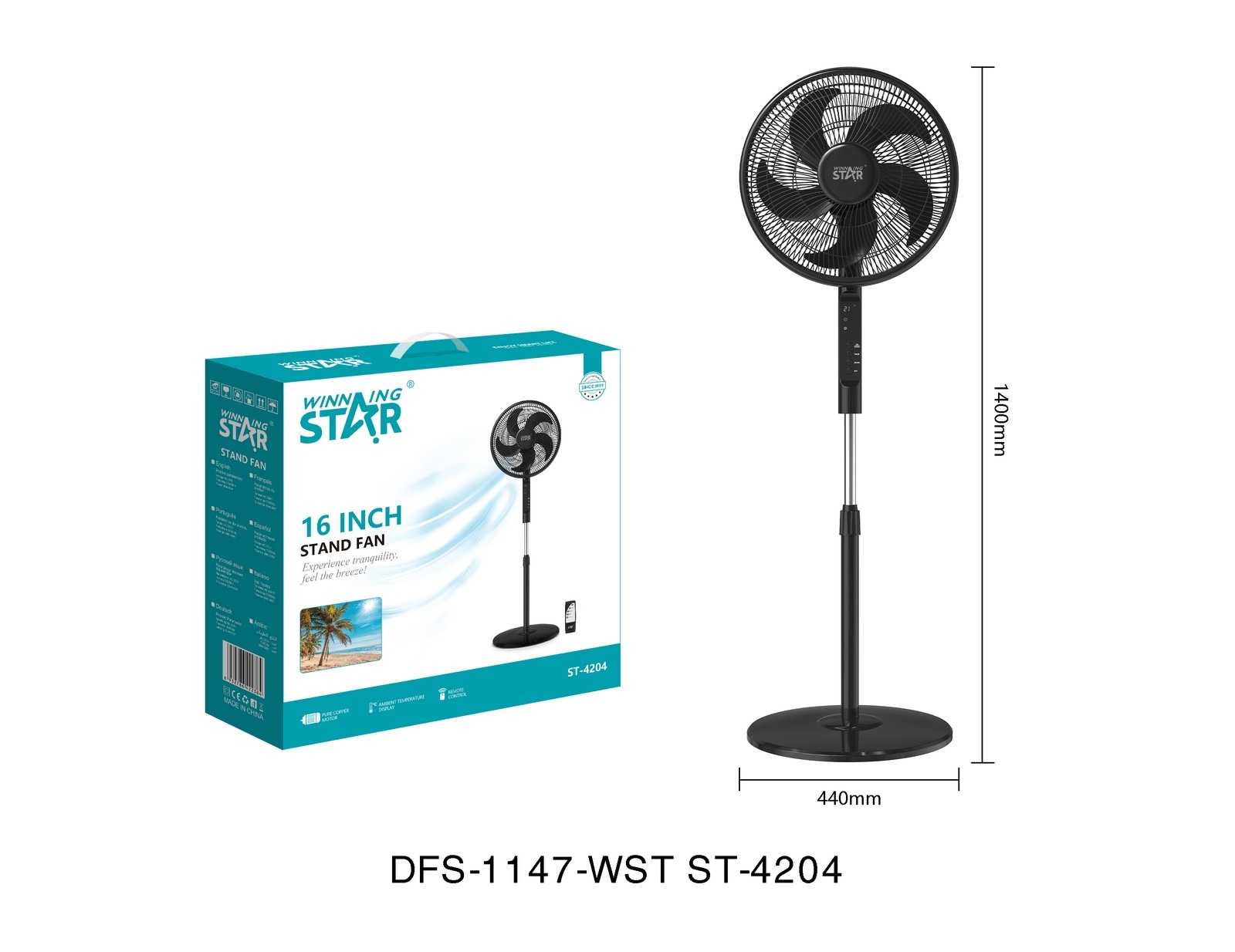Ventilateur électrique ST-4204 WINNINGSTAR avec affichage numérique, 2 en 1, 16 pouces