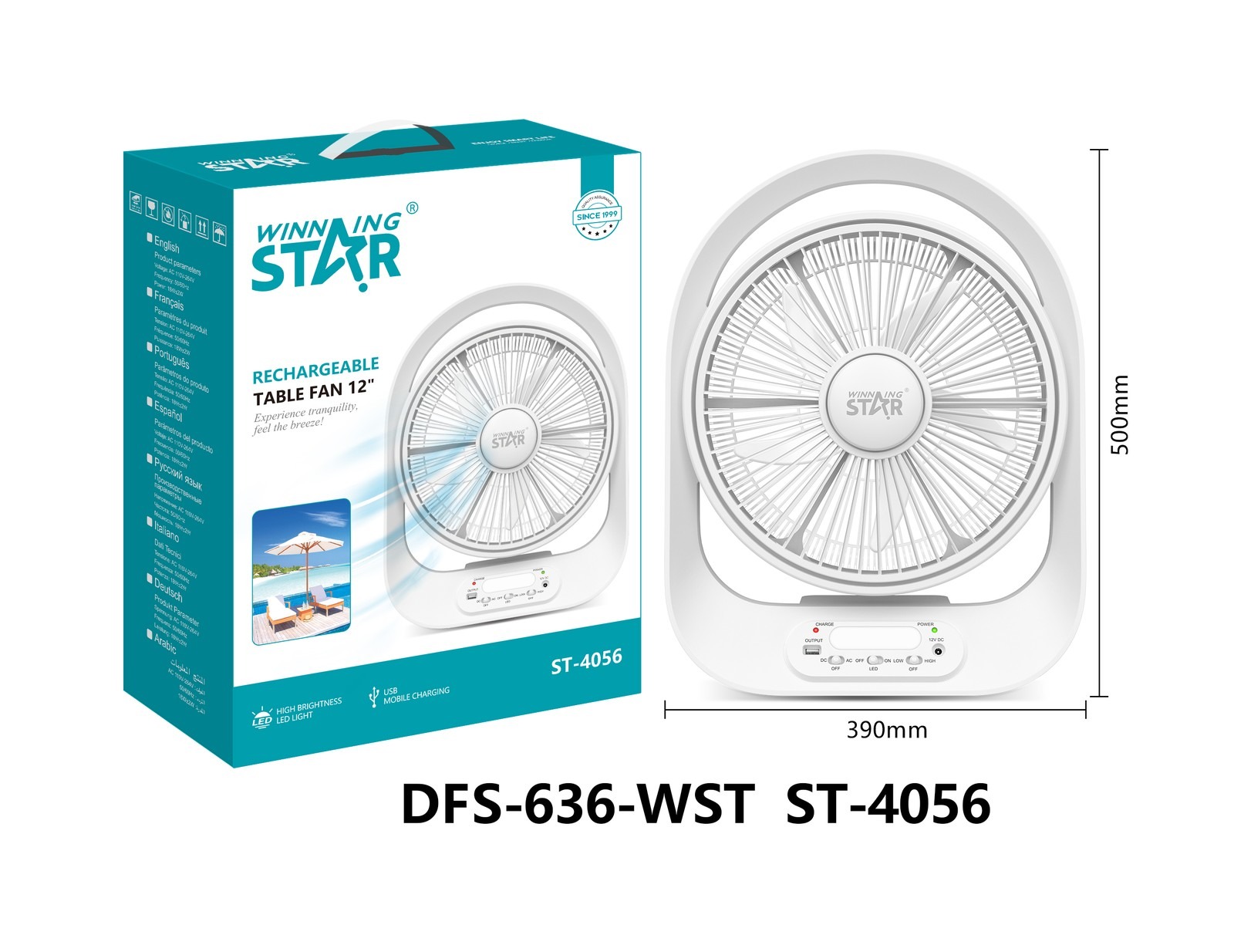 ventilateur de bureau ST-4056 WINNINGSTAR rechargeable, 12 pouces