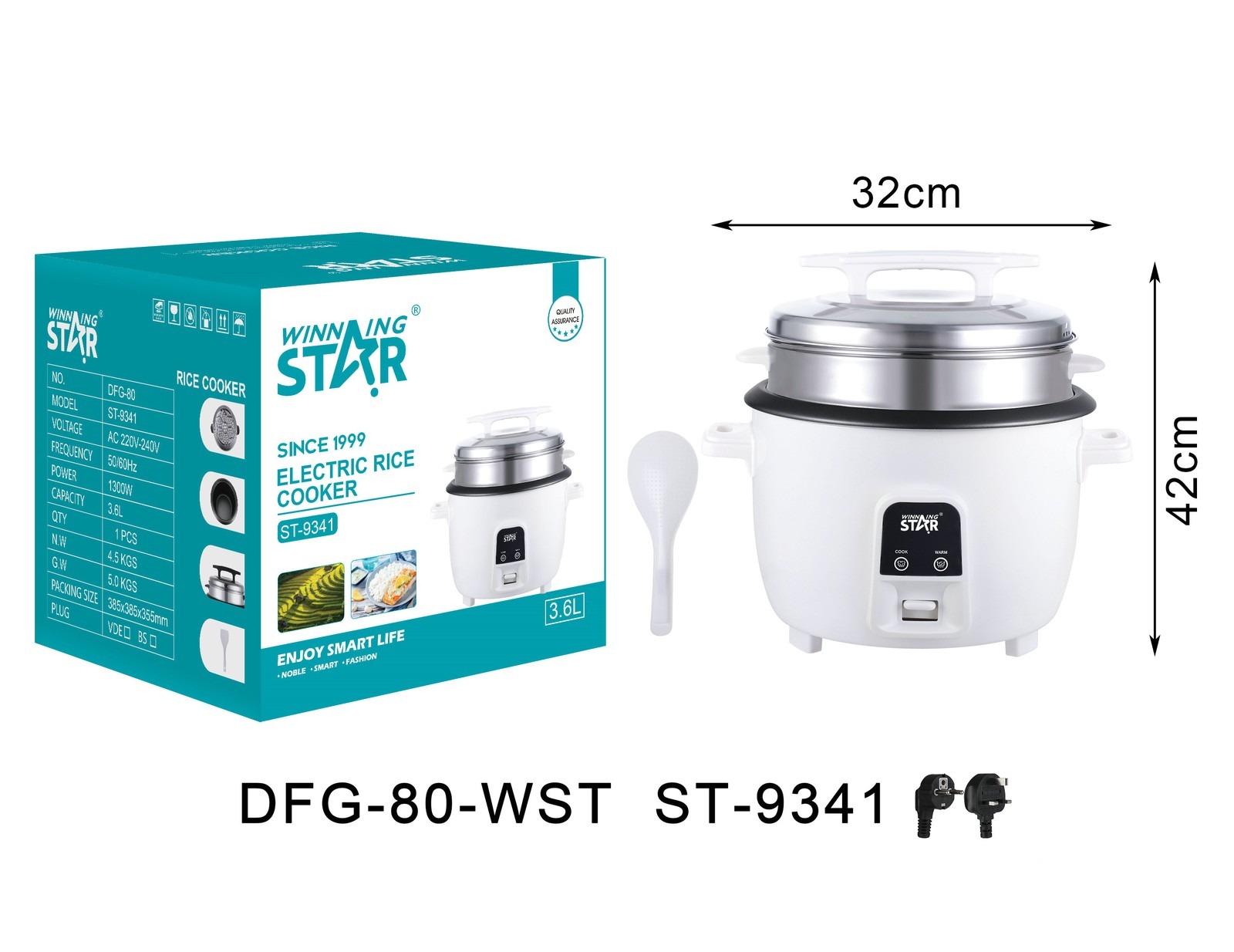 Cuiseur à riz ST-9341 WINNINGSTAR à vapeur, 8 L, 1300 W - Blanc
