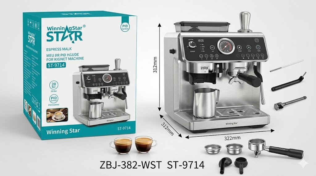 Machine à café ST-9714 WINNINGSTAR avec affichage numérique, à vapeur, 2,7 L