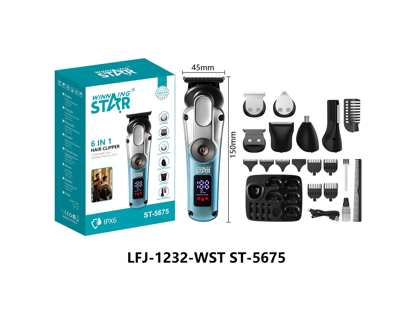 Tondeuses à cheveux ST-5675 WINNINGSTAR avec affichage numérique, 6 en 1, pour voyage