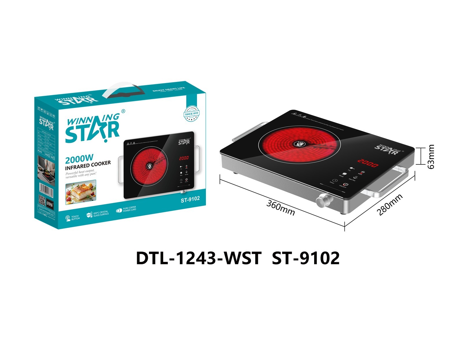 Plaque de cuisson vitrocéramique électrique ST-9102 WINNINGSTAR à vapeur, tactile