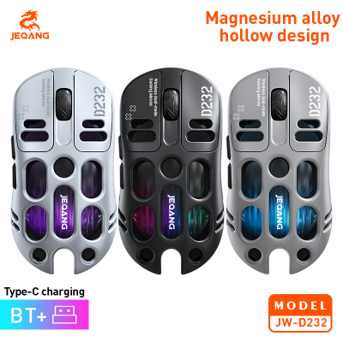 Souris Gaming JW-D232 Ultra-Légère (76g) – Châssis Magnésium Hollow Design – Dual-Mode (2.4G + BT) – RGB Flowing – Précision 12000 DPI