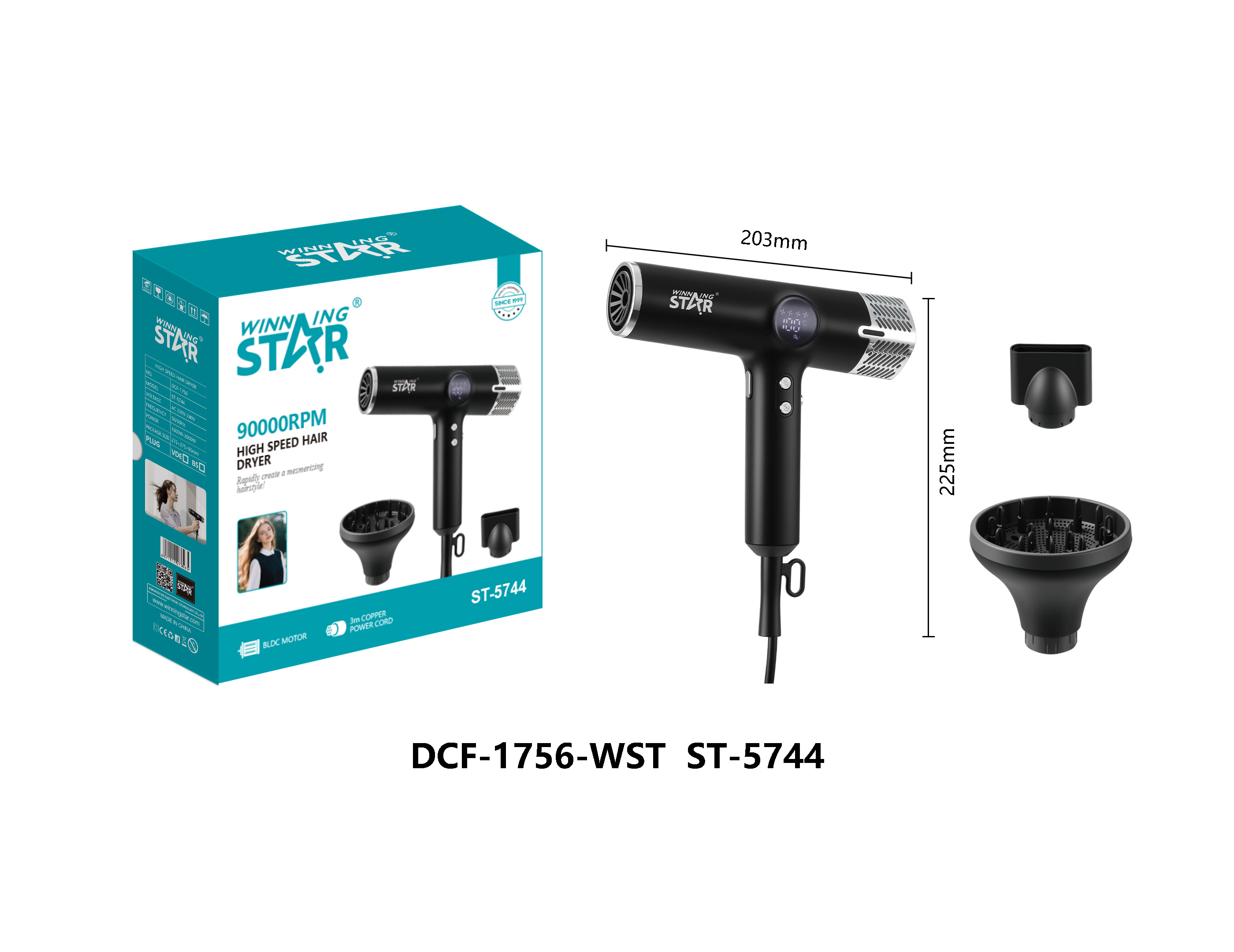 Sèche-cheveux ST-5744 WINNINGSTAR avec affichage numérique, 1800 W