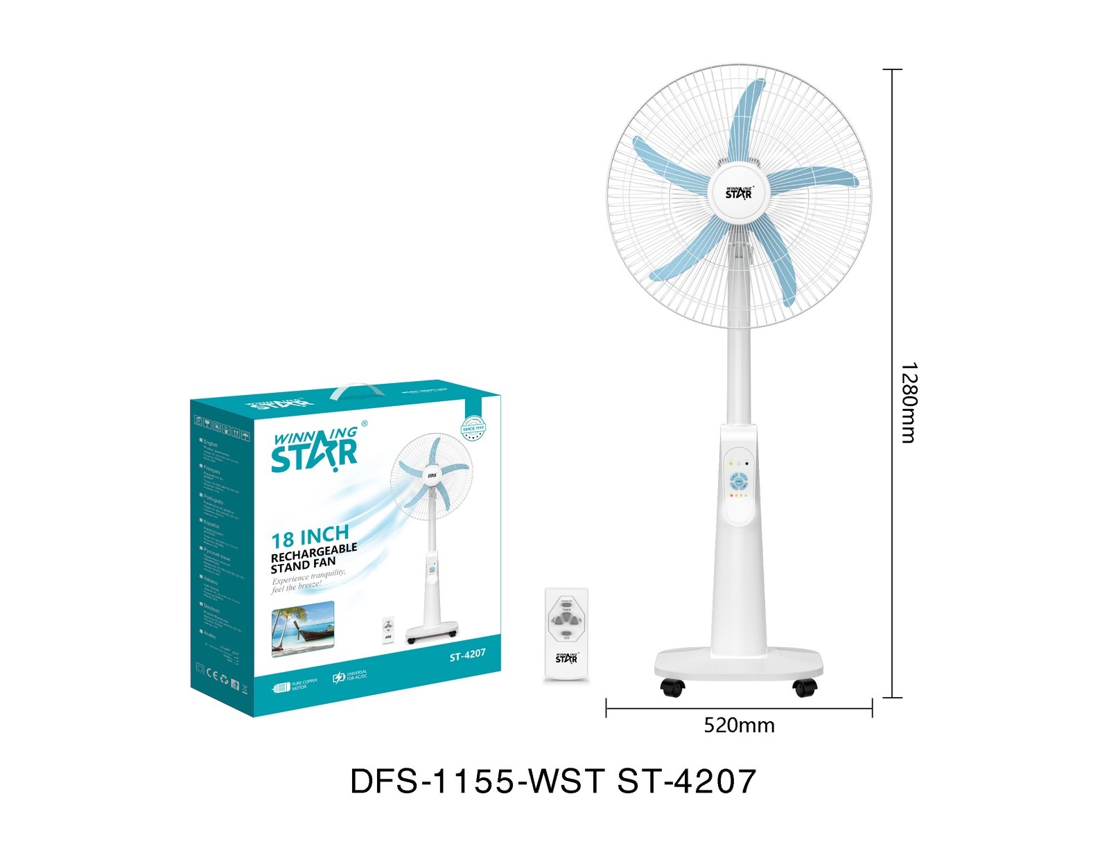 Ventilateur électrique ST-4207 WINNINGSTAR rechargeable, 18 pouces - blanc / bleu - variante ST-4207