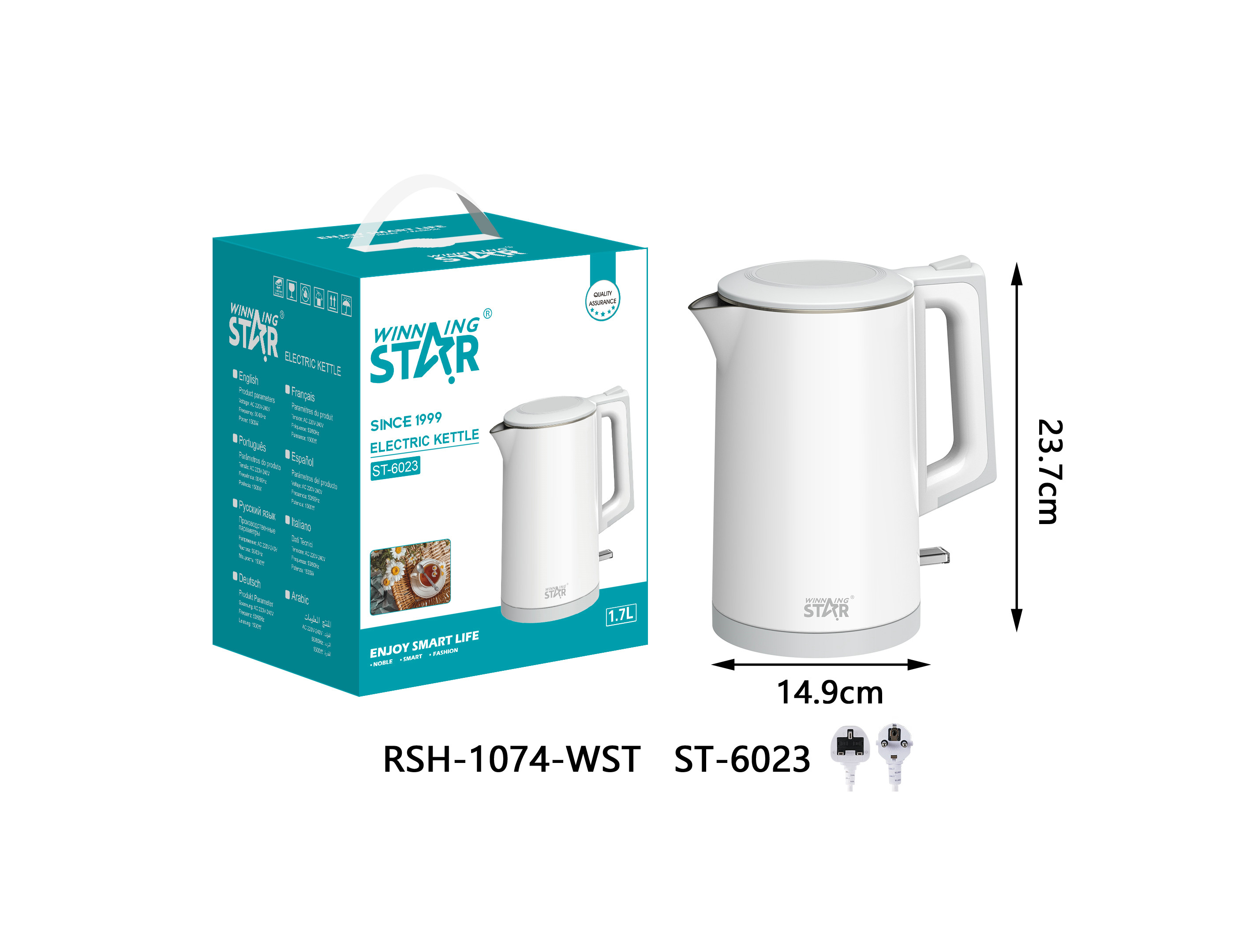 Bouilloire électrique ST-6023 WINNINGSTAR 1,7 L, 1500 W - Blanc
